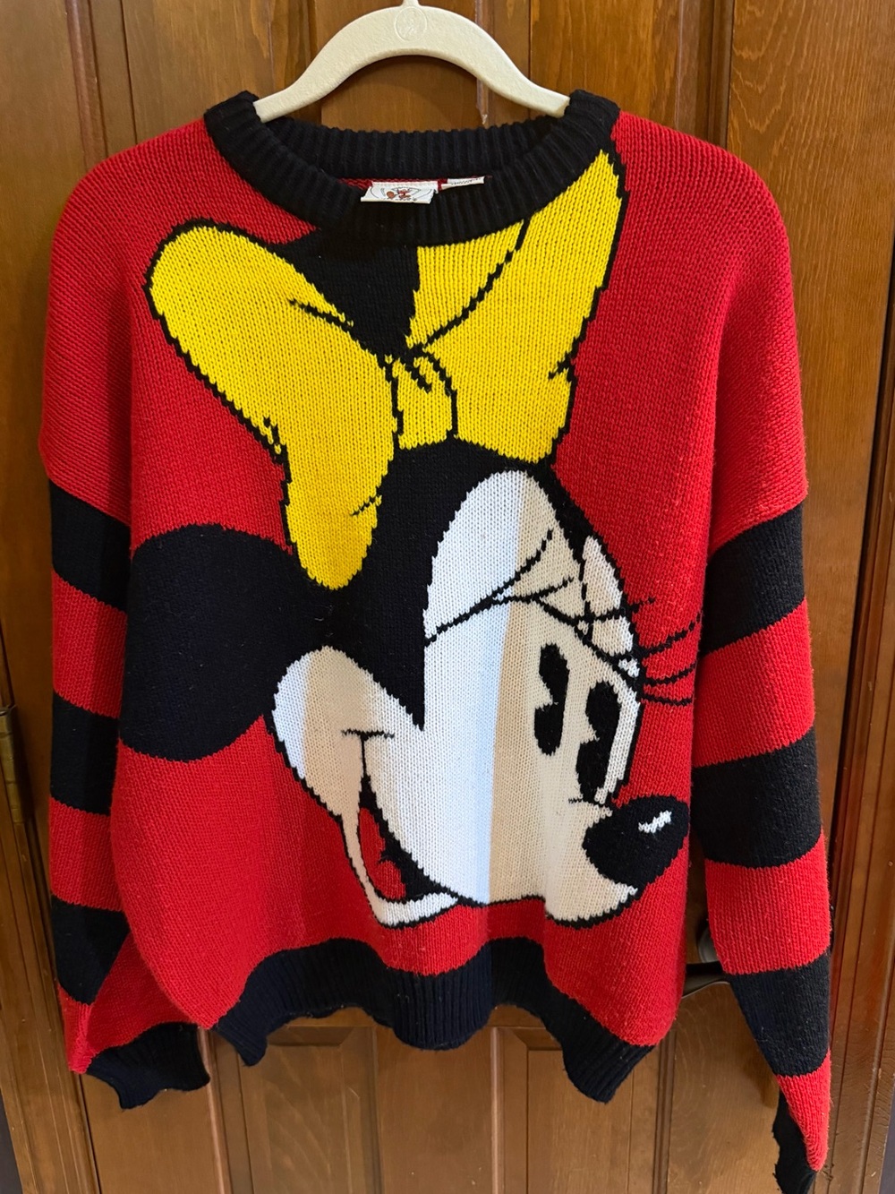 VTG 90s Mickey & Co Minnie Mouse Knit Sweater Size L Red Black Striped Acrylic